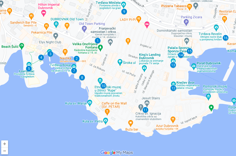 Map of all Game of Thrones filming locations in Dubrovnik 