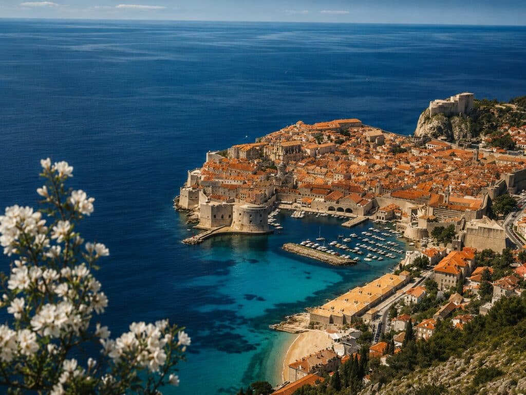 Panoramic Dubrovnik Old Town view with the Adriatic Sea, city walls, and coastline in Croatia