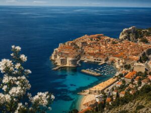 Panoramic Dubrovnik Old Town view with the Adriatic Sea, city walls, and coastline in Croatia