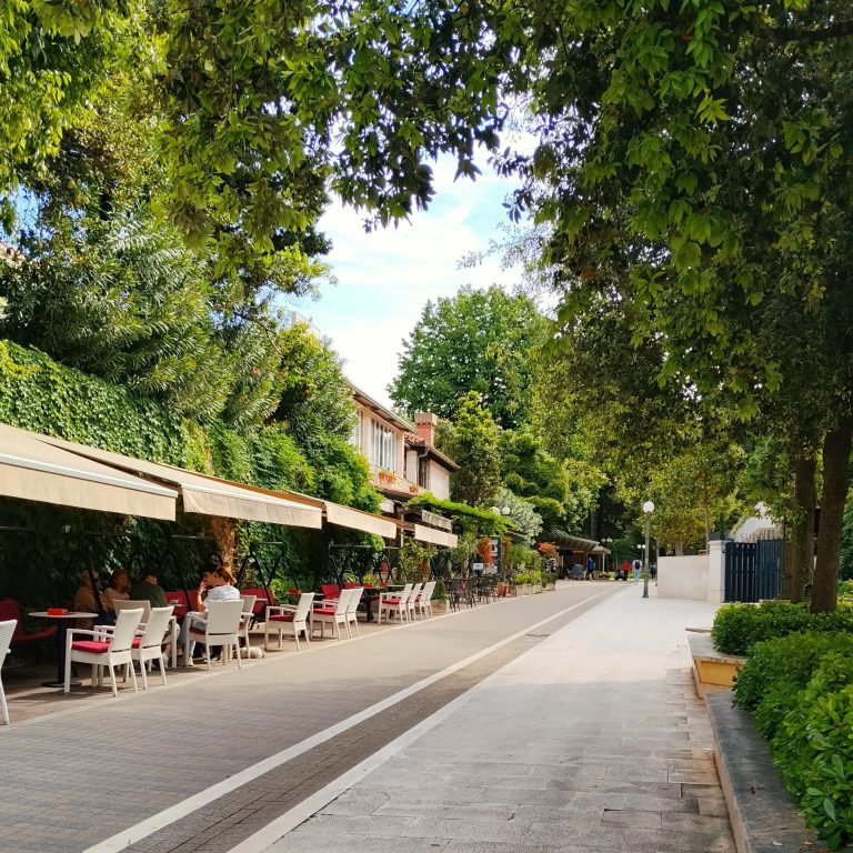 Pedestrian promenade in Lapad Dubrovnik with cafes, shops, and walking paths near the seaside.